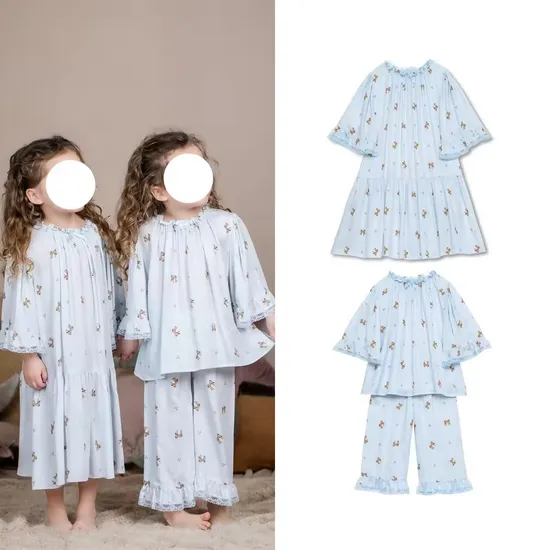Custom Home Wear Girl Cotton Sleepwear Princess Retro Style Lovely Pajama Set