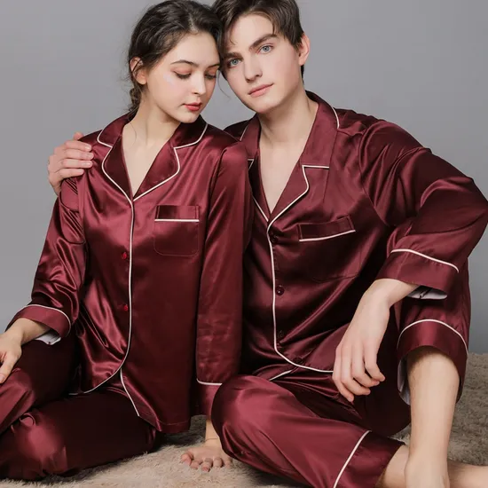 Couple Pajamas Set Stain Silk Long Sleeved Long Pants Home Clothing 