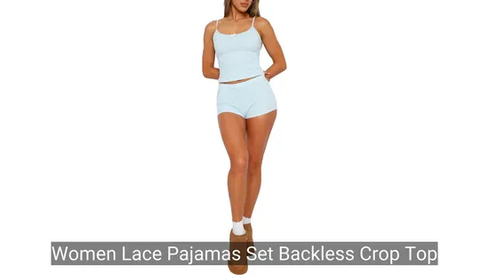 Women Lace Pajamas Set Backless Crop Top Camisole and Low Rise Short 